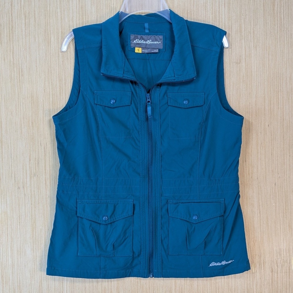 Eddie Bauer Travex Womens L Teal Blue Utility Travel Vest Full Zip Cargo Pockets
